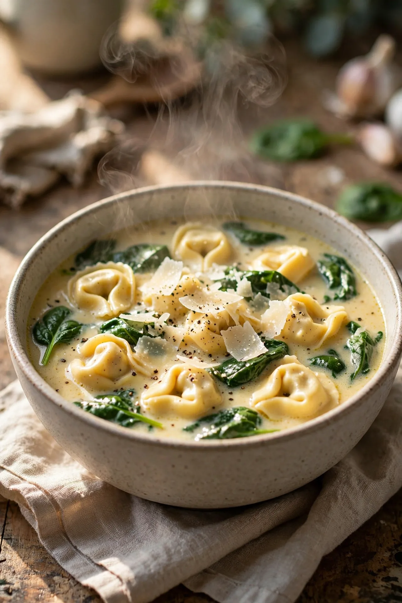 Creamy tortellini soup with spinach in a bowl