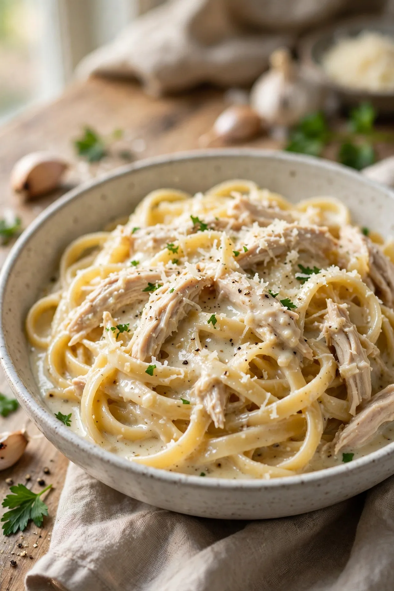 Creamy garlic parmesan chicken pasta in a bowl