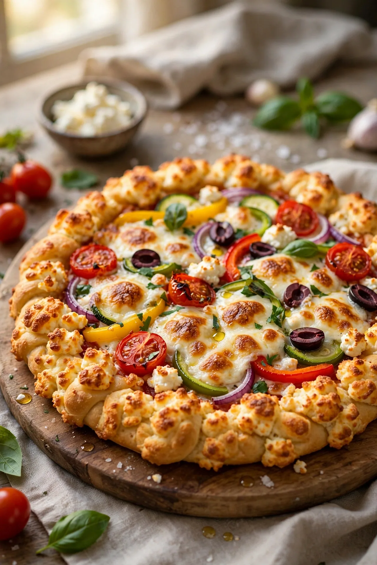 Homemade pizza on a cottage cheese crust with melted cheese