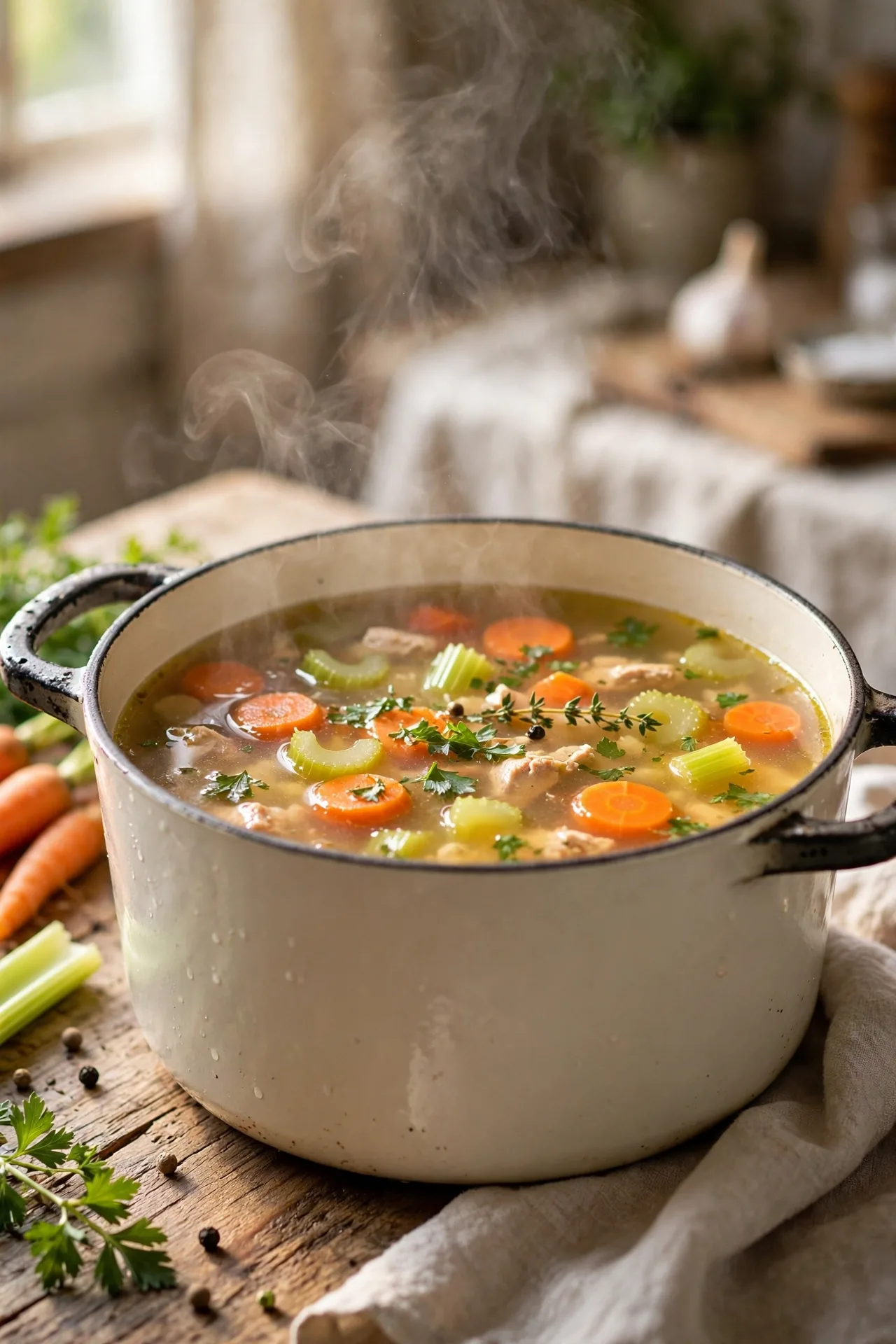 Clear golden chicken soup with vegetables in a pot