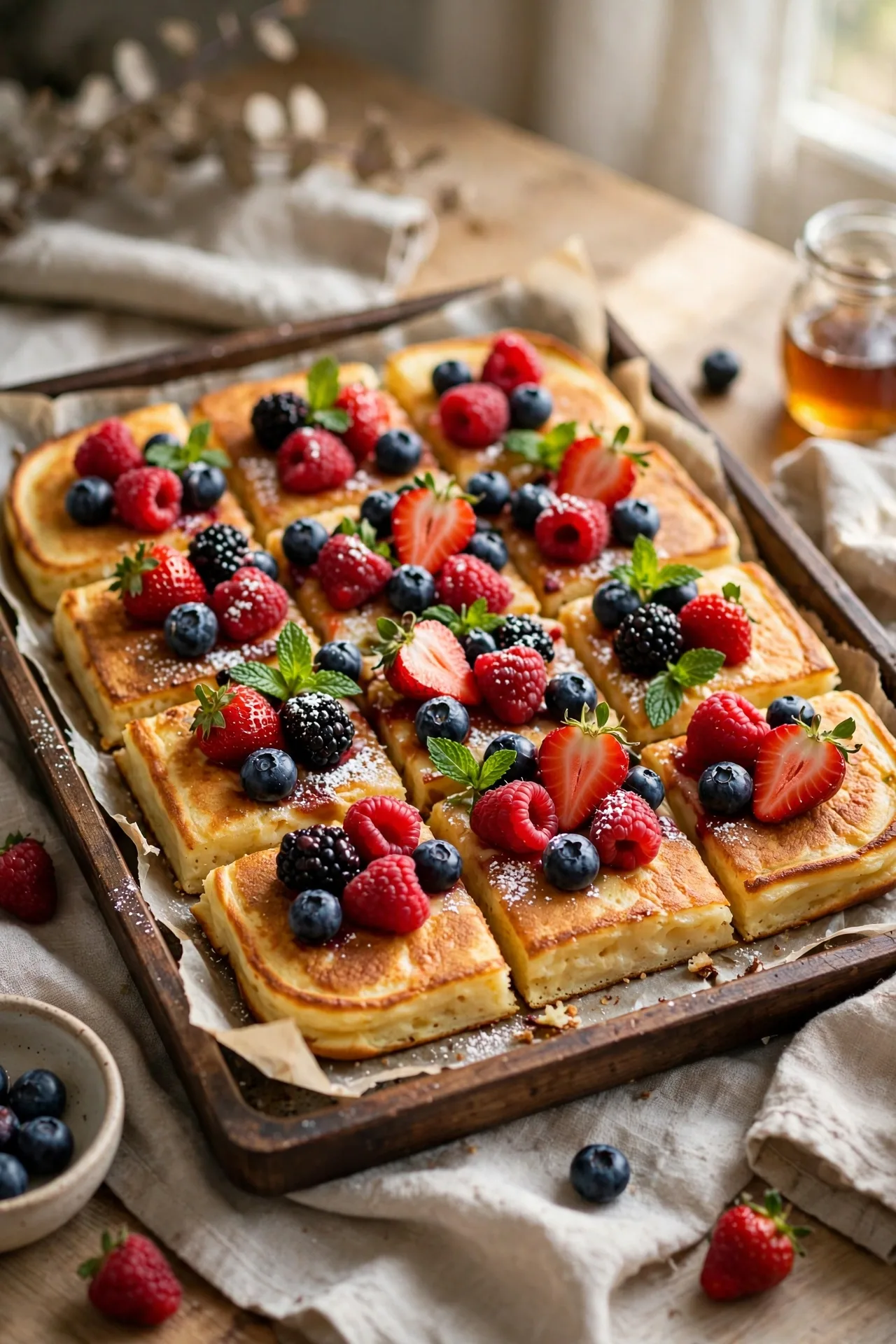 Tray of oven-baked protein pancakes with berries
