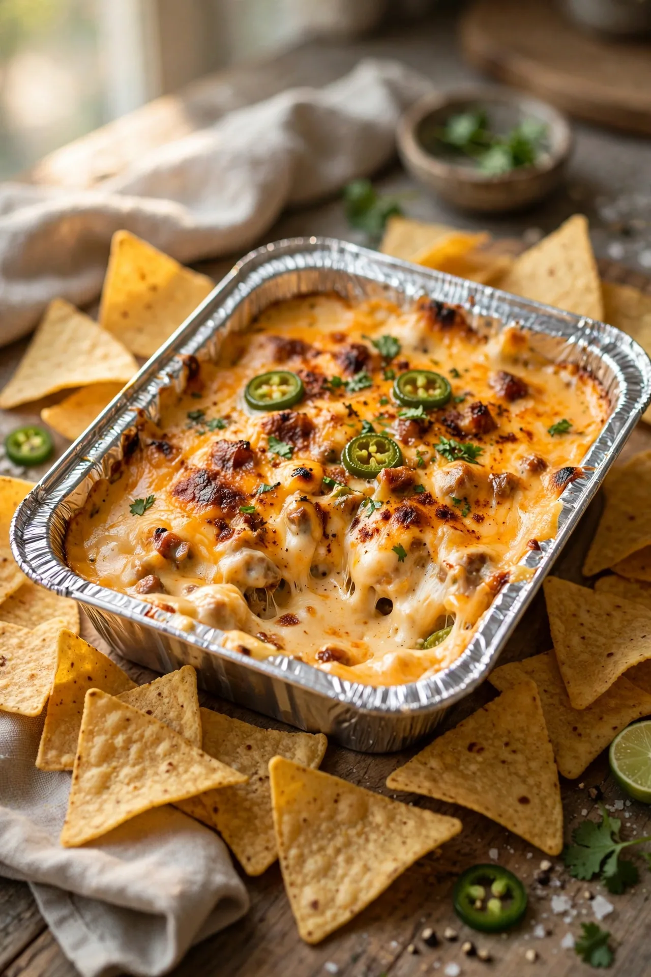 Smoked queso dip with tortilla chips