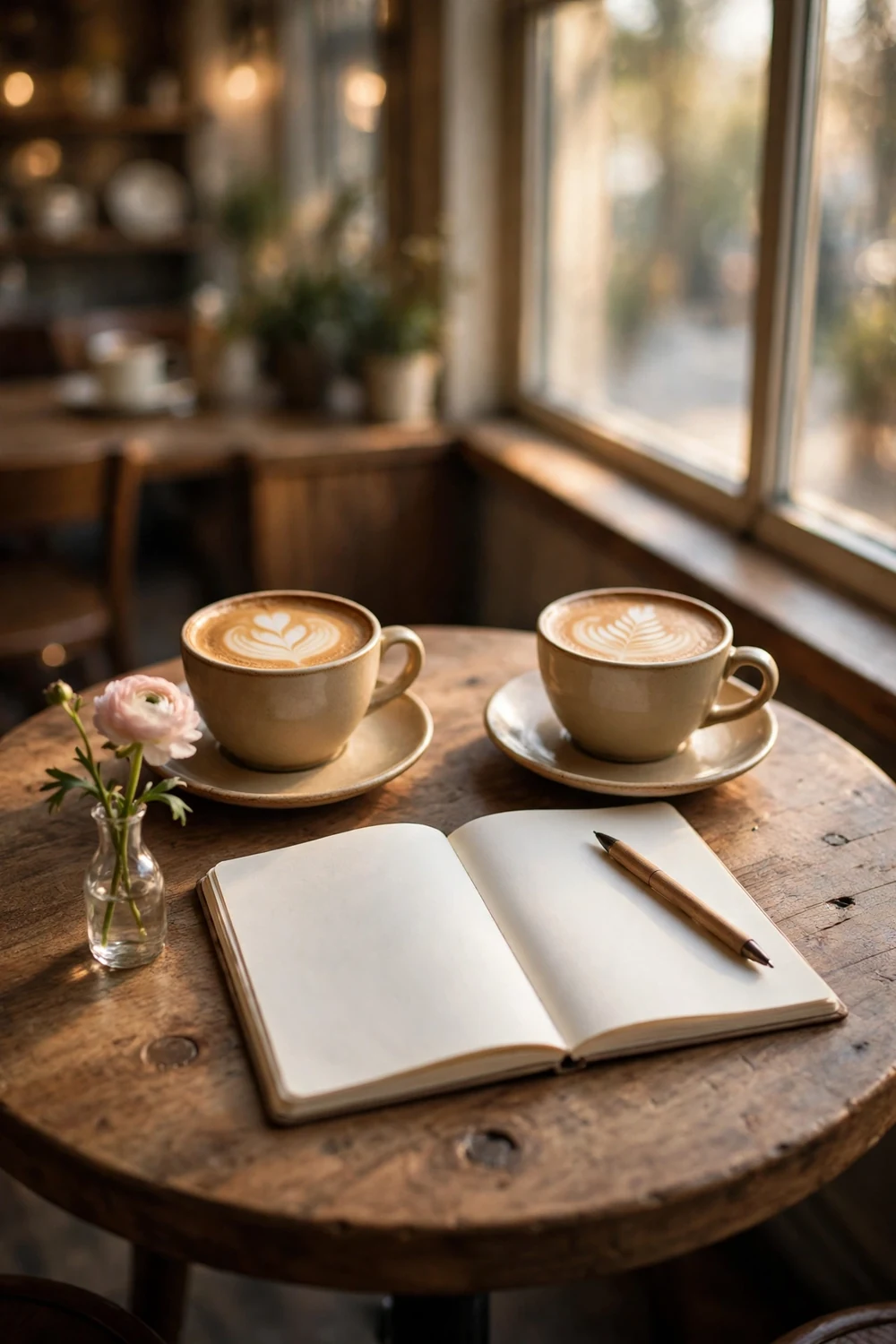 Two coffee cups and a shared notebook on a cafe table