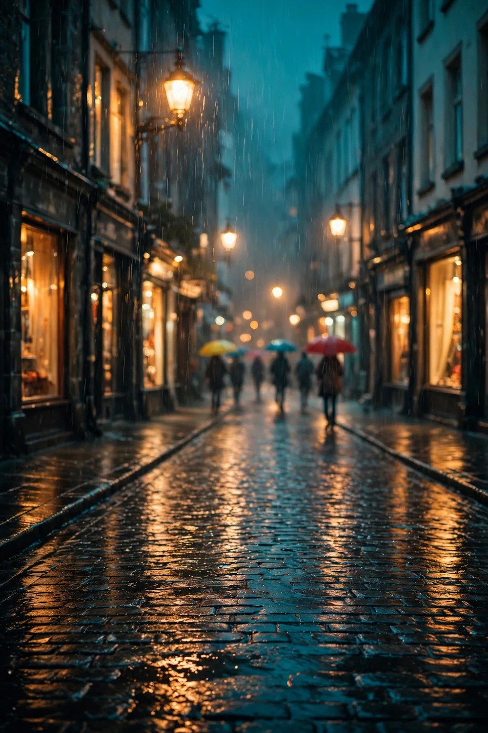 A rainy city street with glowing lights and umbrellas