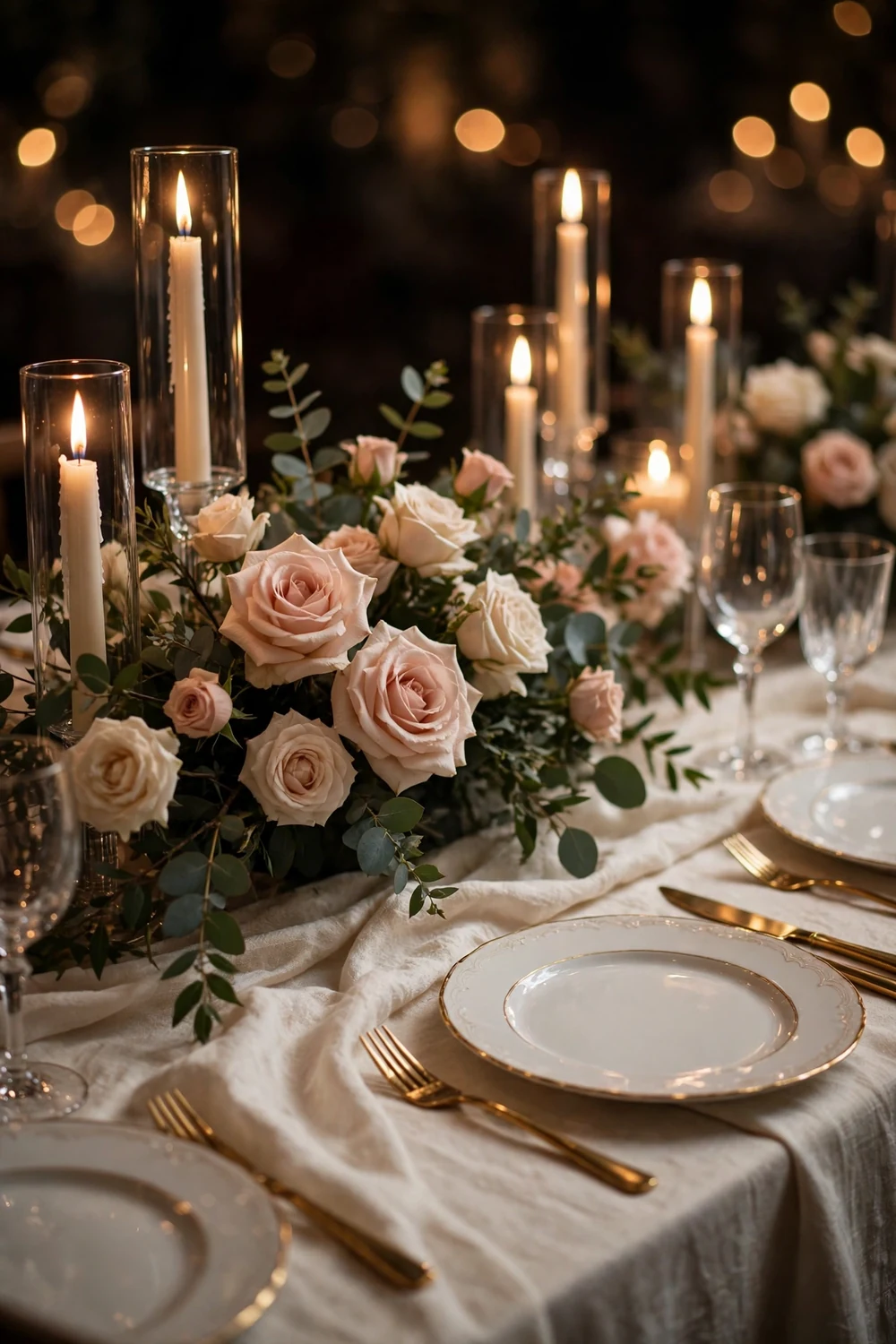 An elegant wedding table setting with candles and flowers