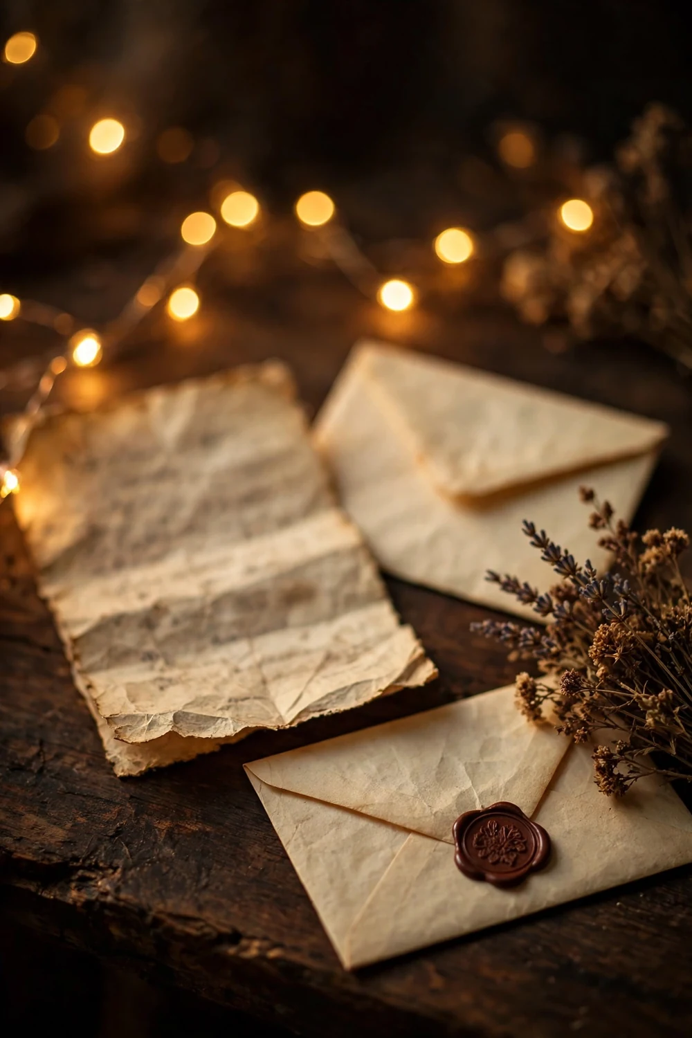 An old handwritten letter and envelope beside string lights