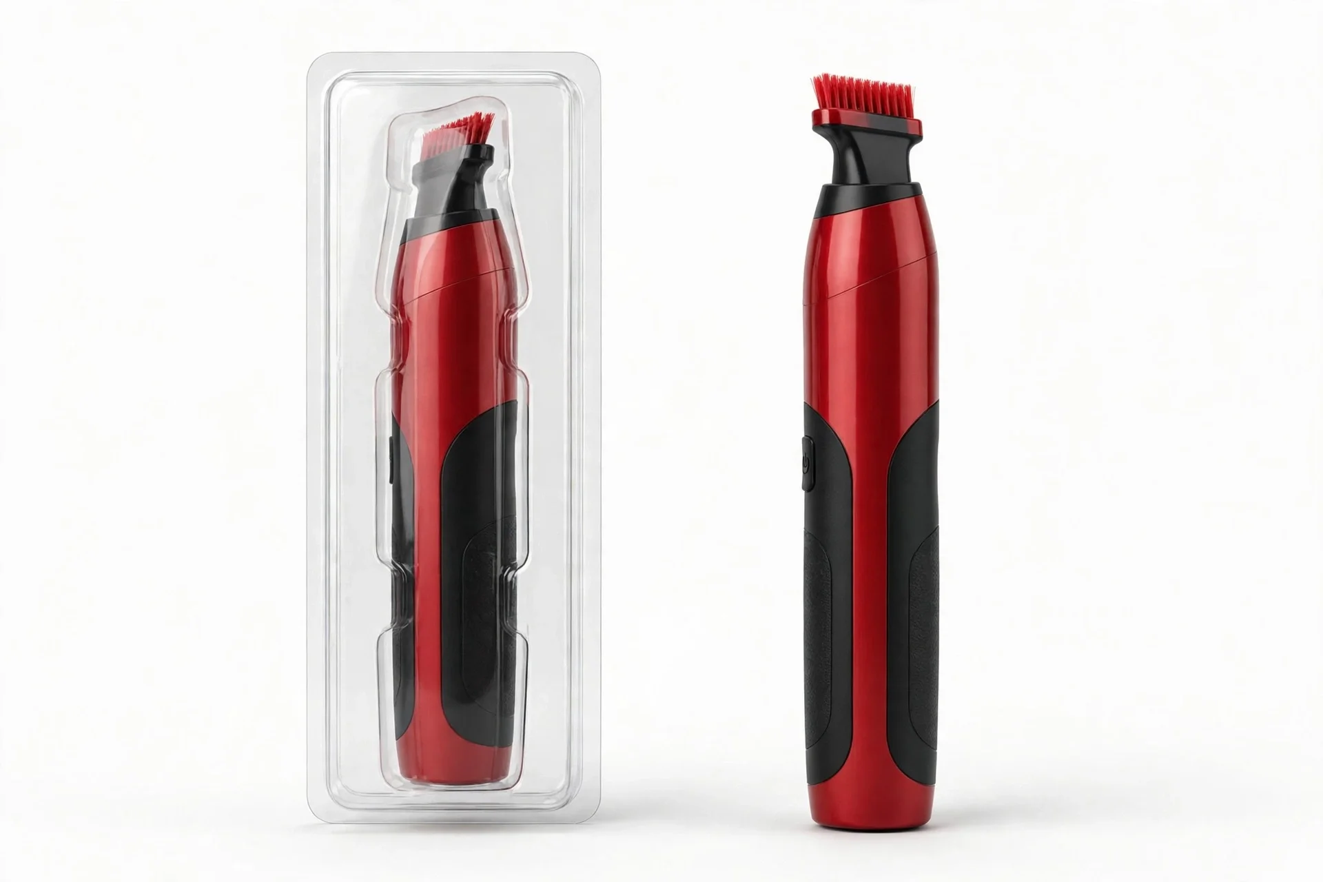 Slim red and black handheld electric scrubber in plain clear packaging beside the same scrubber out of the packaging