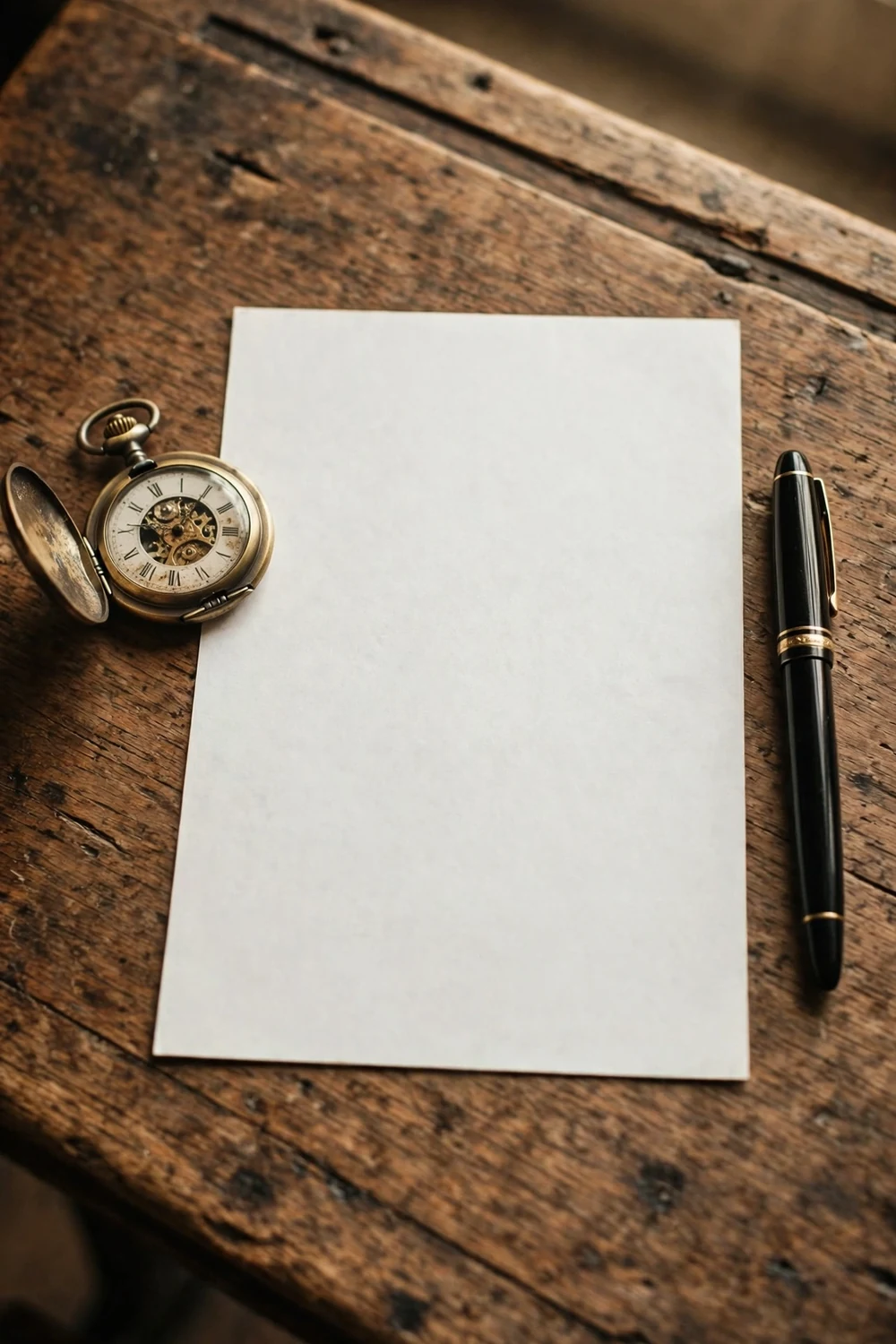A vintage school desk with an exam paper, fountain pen and pocket watch