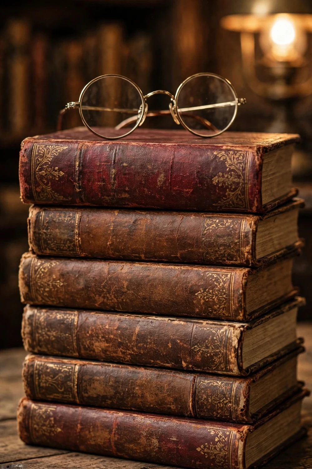 A stack of antique dictionaries and leather-bound books