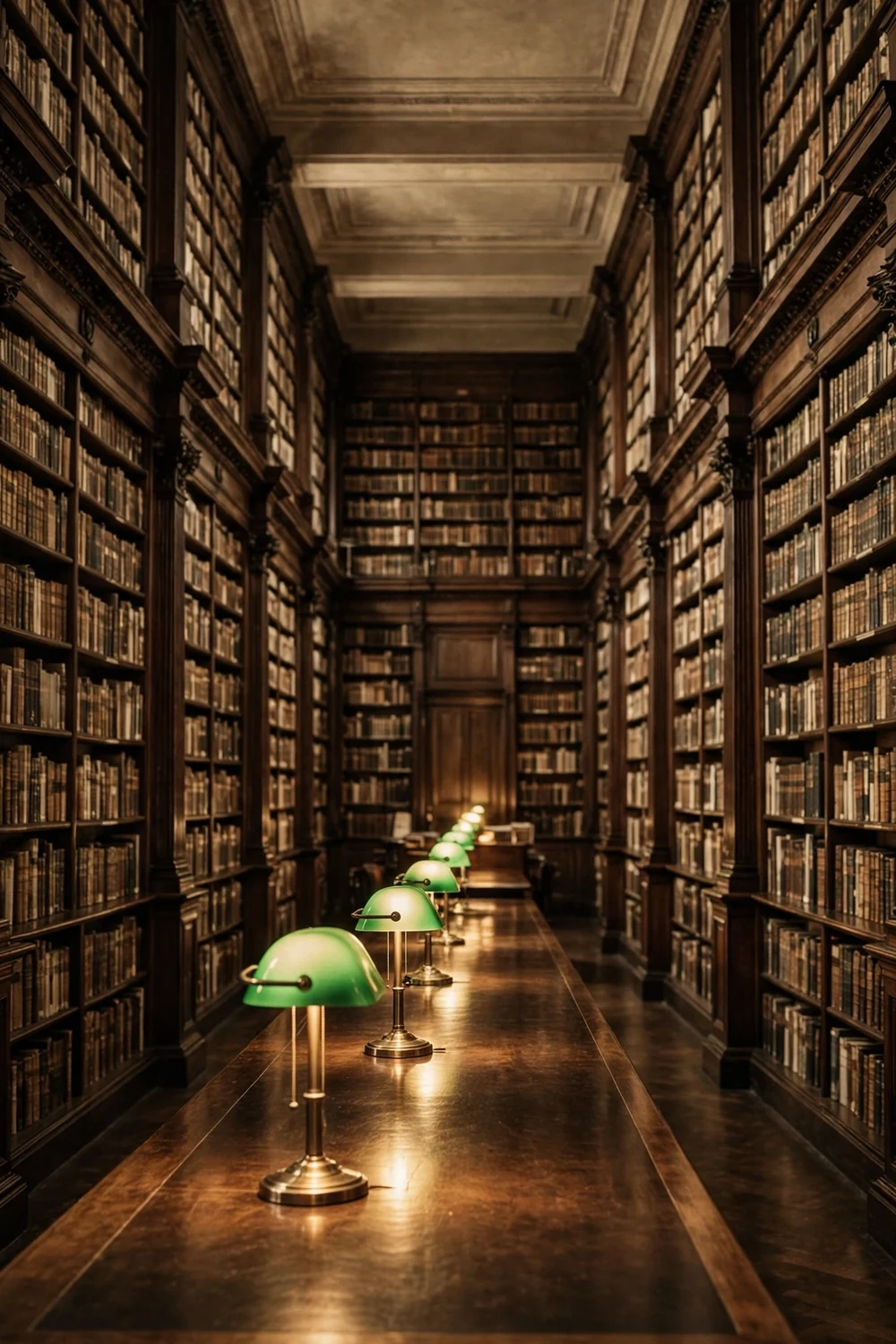 A vintage library reading room with tall shelves