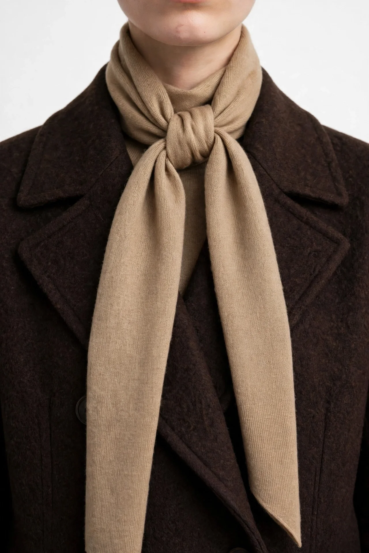 Tan beige scarf tied at the neck, worn with a dark-brown coat