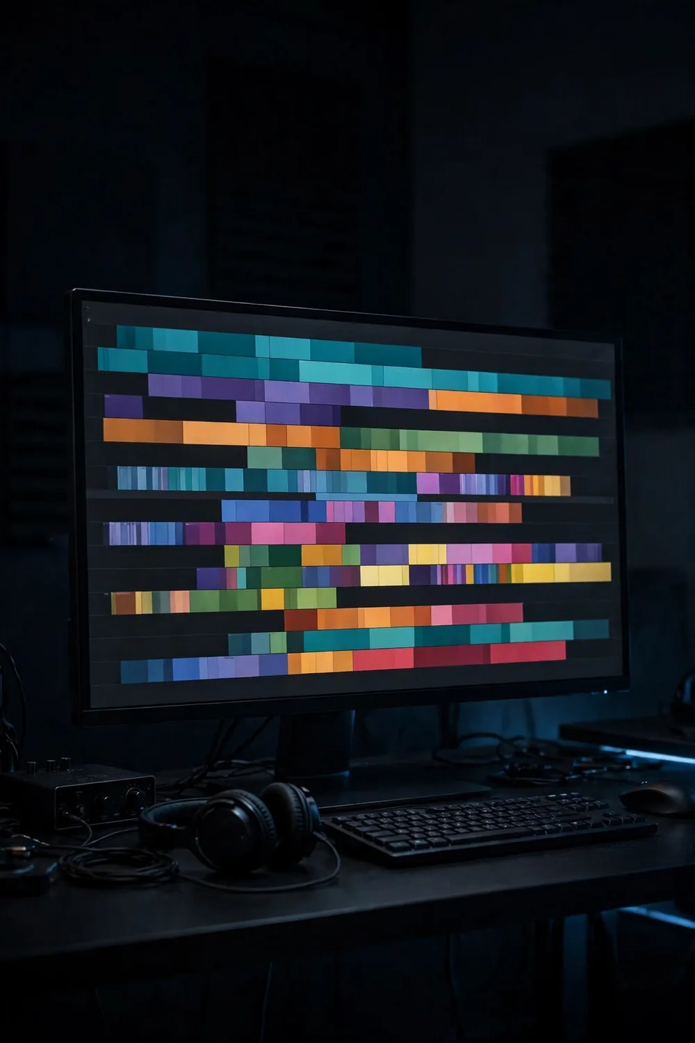 A video editing timeline on a screen in a dark edit suite
