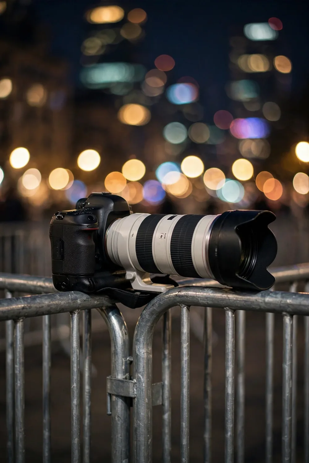 A photographer with a long telephoto lens behind a barrier