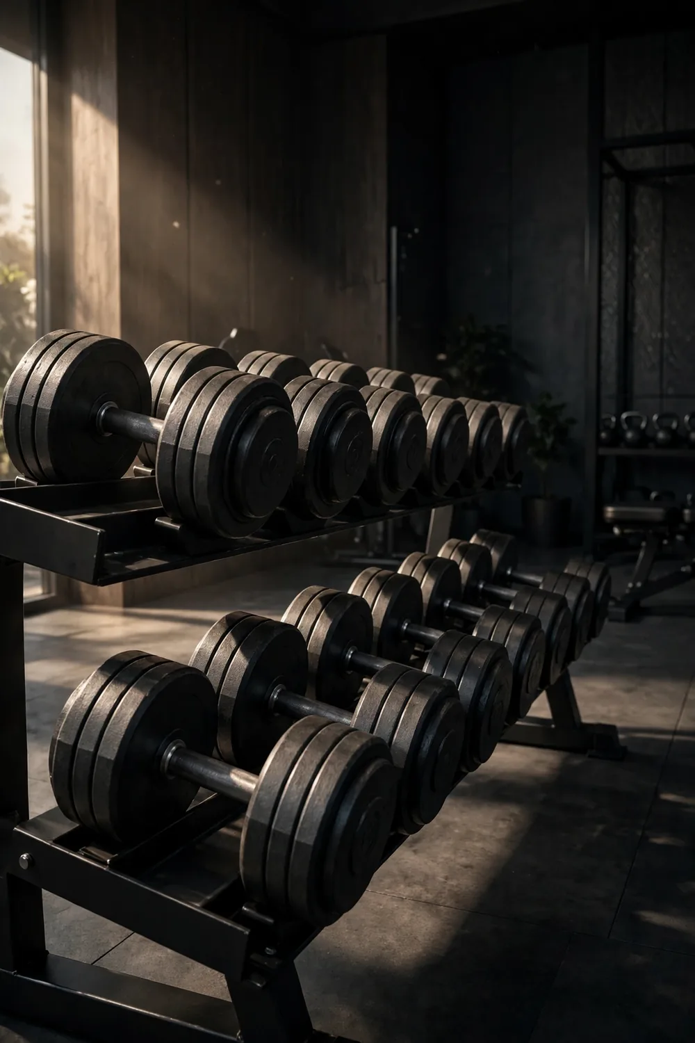 A rack of heavy dumbbells in a moody gym