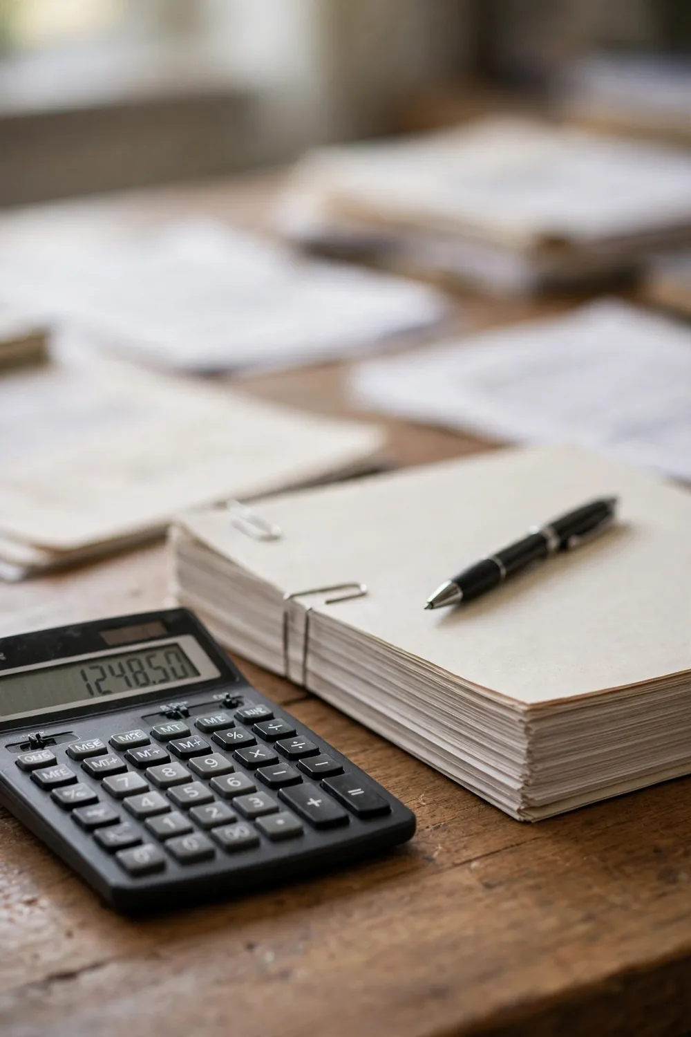 A calculator and contract papers on a desk
