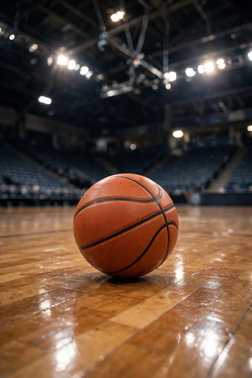 A basketball resting on a court under arena lights