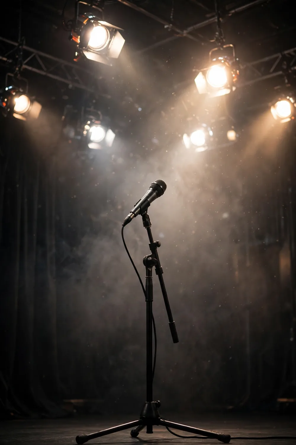 A stage microphone under bright television studio lights