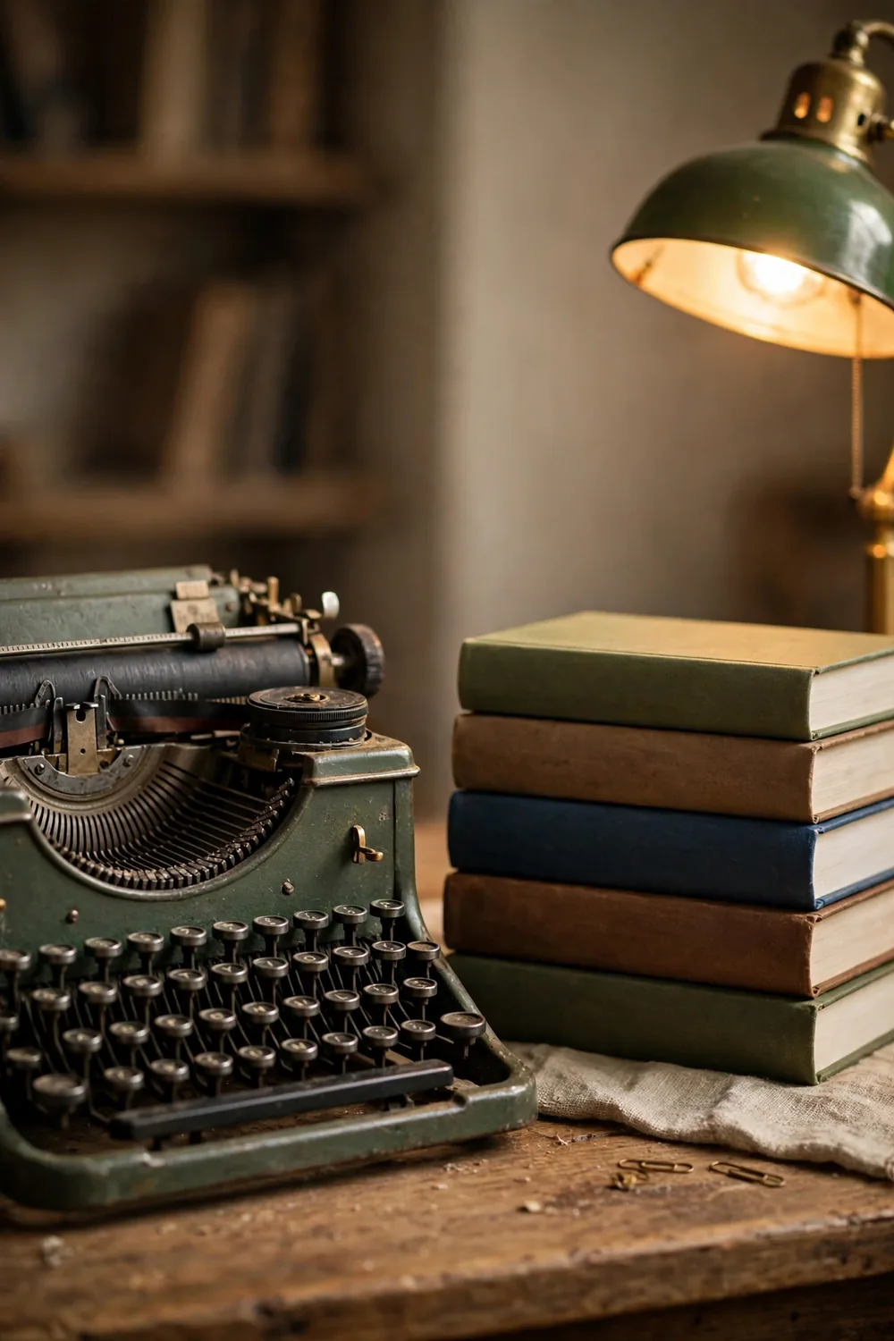 A vintage typewriter beside a stack of hardback books