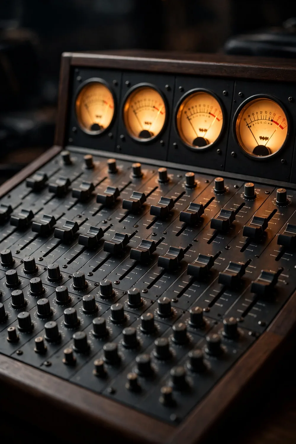A recording studio mixing console in warm light