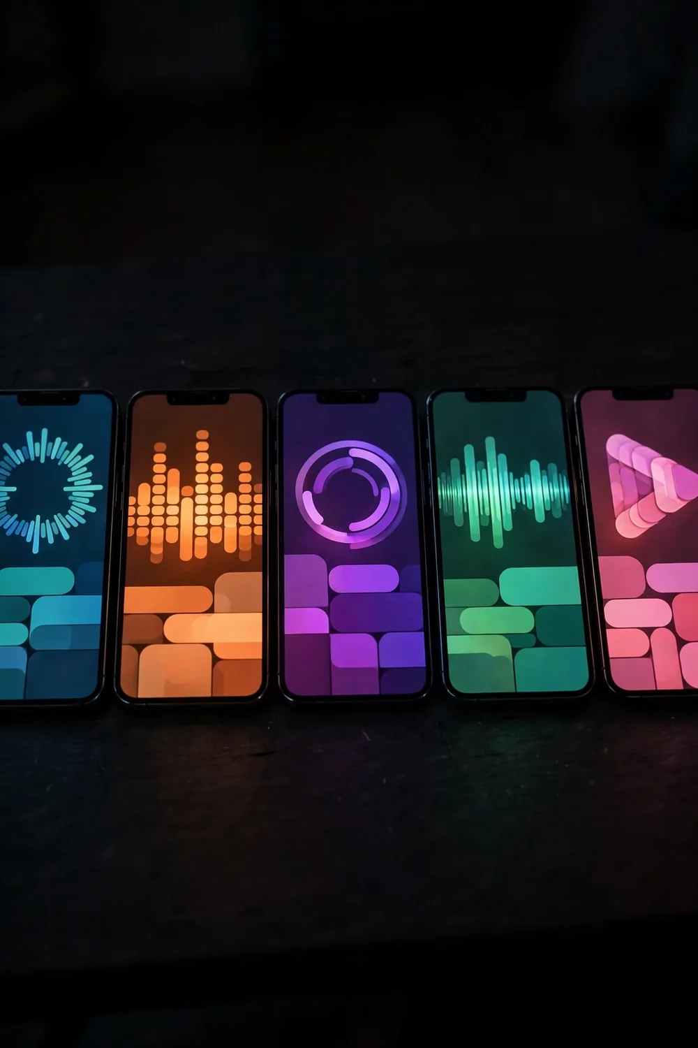 A row of smartphones glowing in the dark