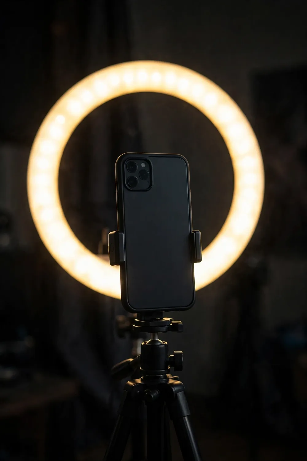 A smartphone on a tripod in front of a ring light