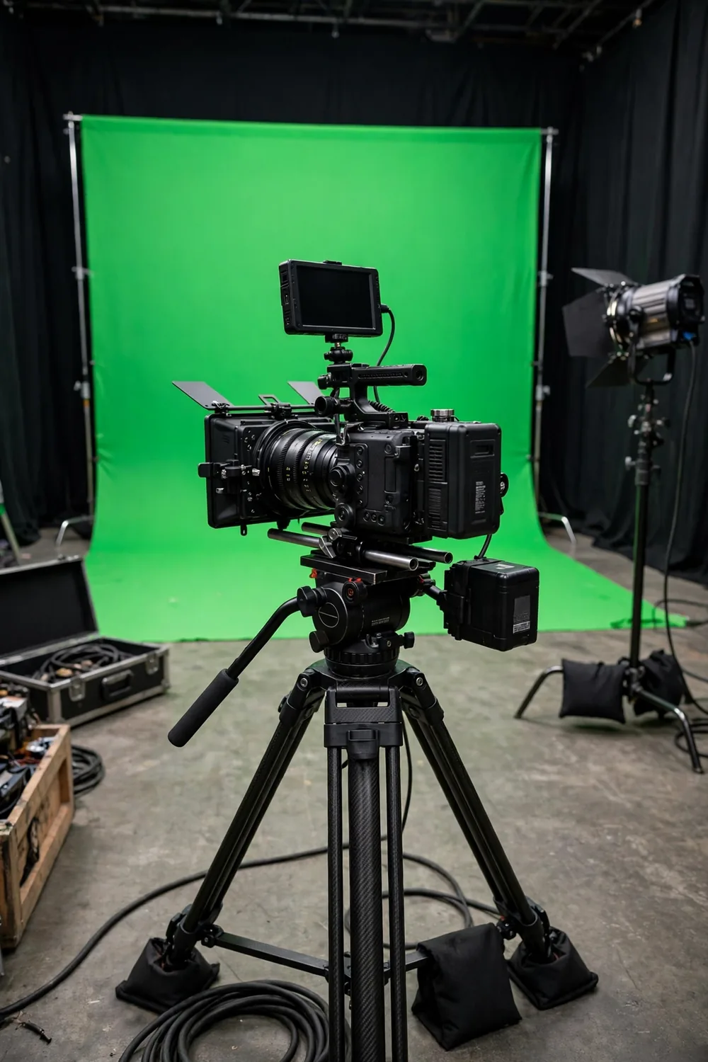 A film camera facing a green screen on a studio set