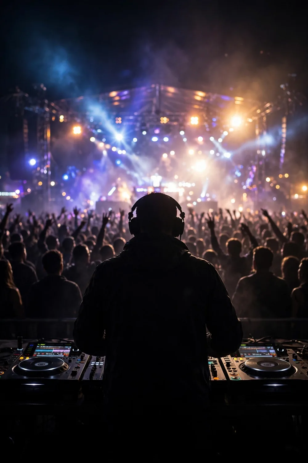A DJ performing for a festival crowd, seen from behind