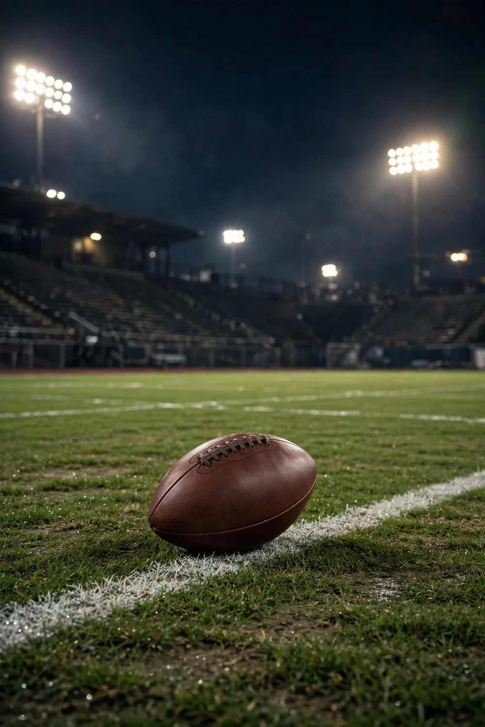 An American football on a field under stadium lights