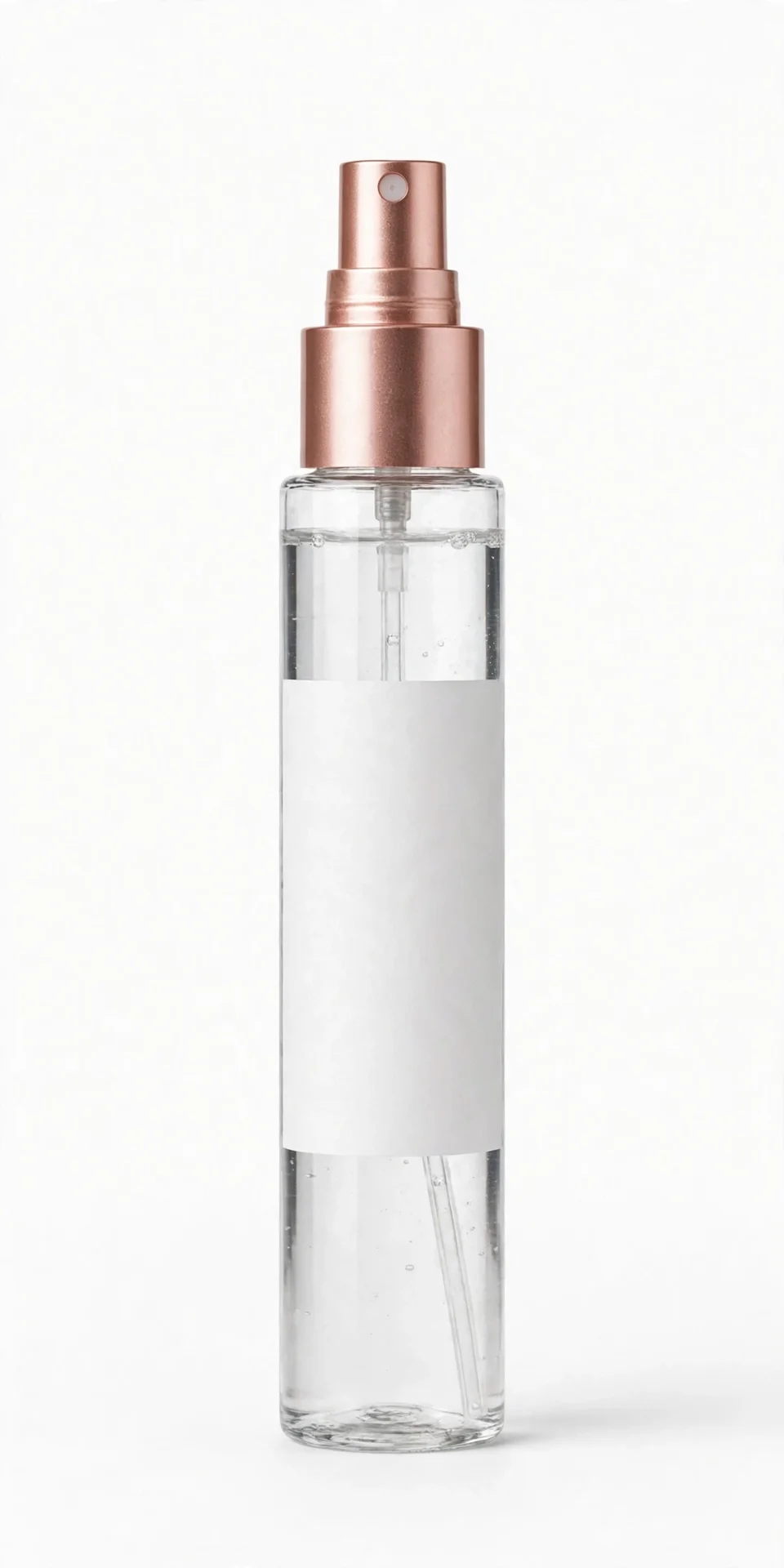 Tall slim clear spray bottle with a rose-gold cap and a plain white label