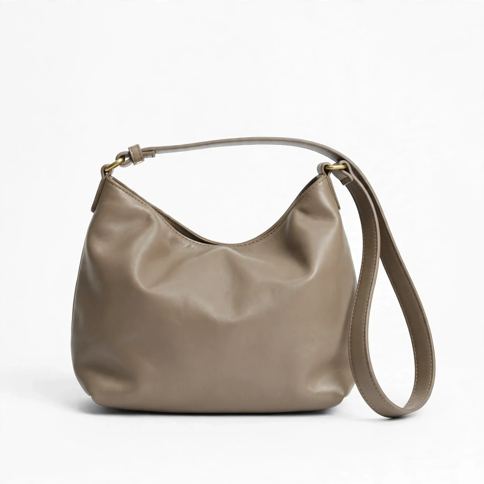 Small taupe beige smooth-leather hobo-style shoulder bag
