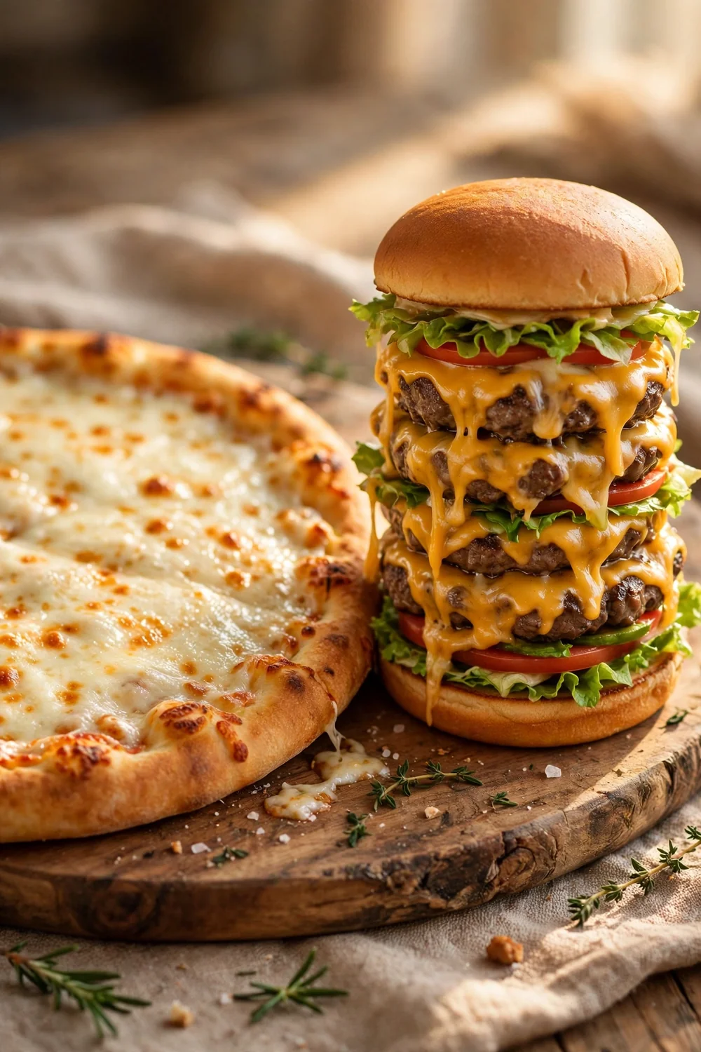 A whole cheese pizza beside a stacked cheeseburger