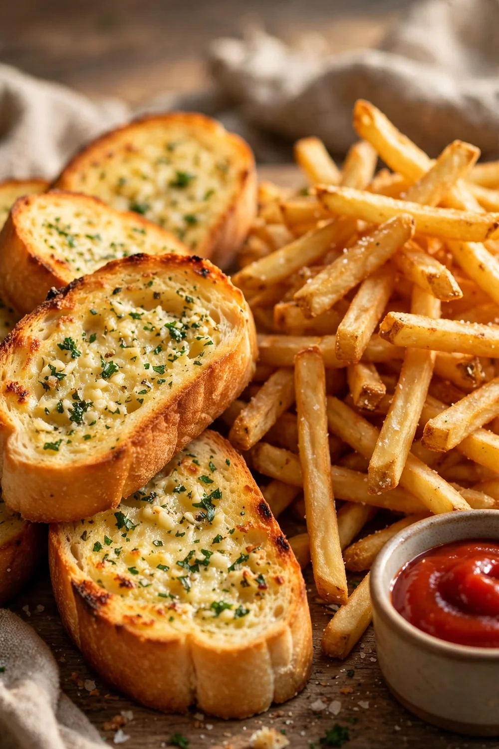 Golden garlic bread slices beside a pile of french fries