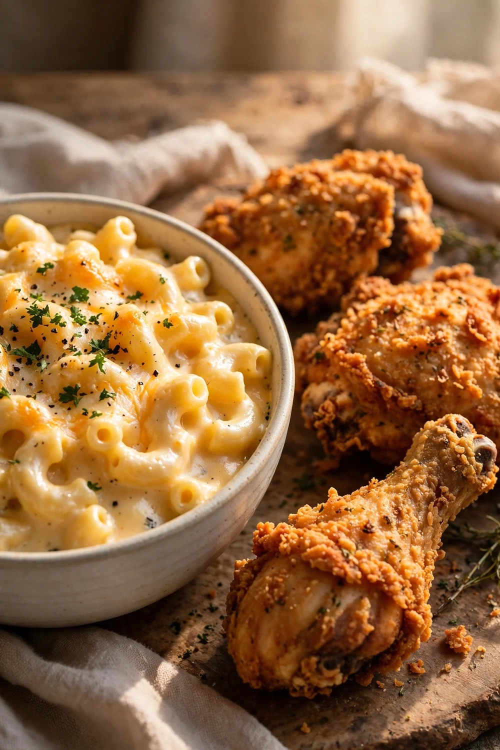 A bowl of creamy mac and cheese beside crispy fried chicken