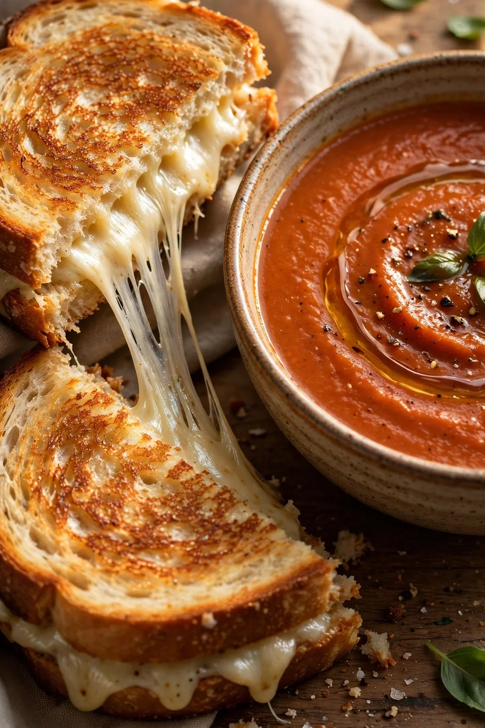 A grilled cheese sandwich beside a bowl of tomato soup