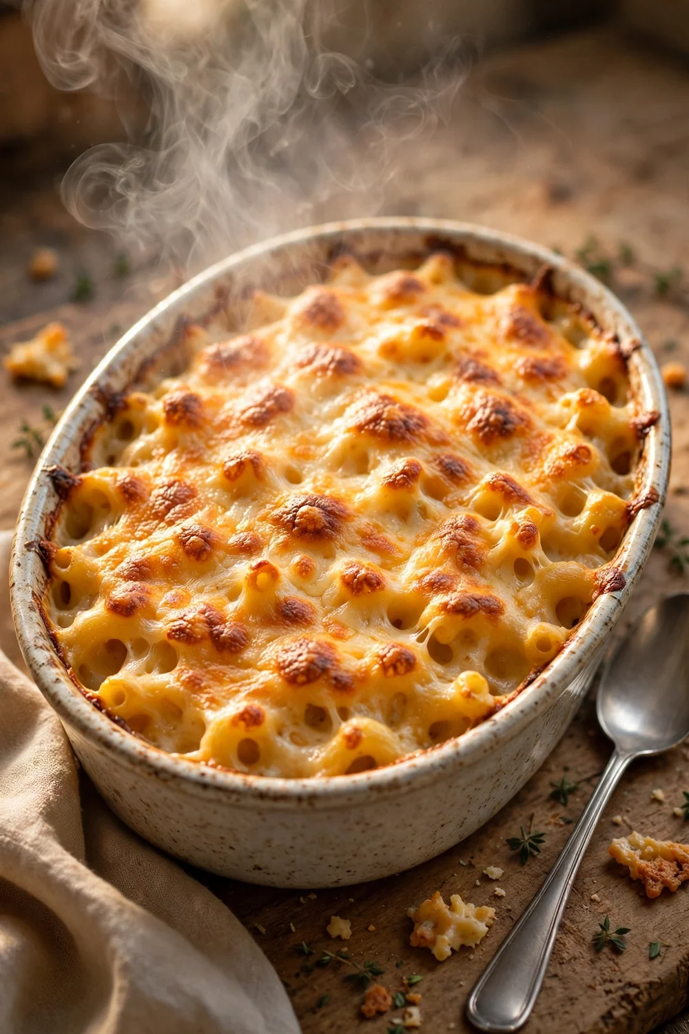 A bubbling baked dish of mac and cheese with a golden crust