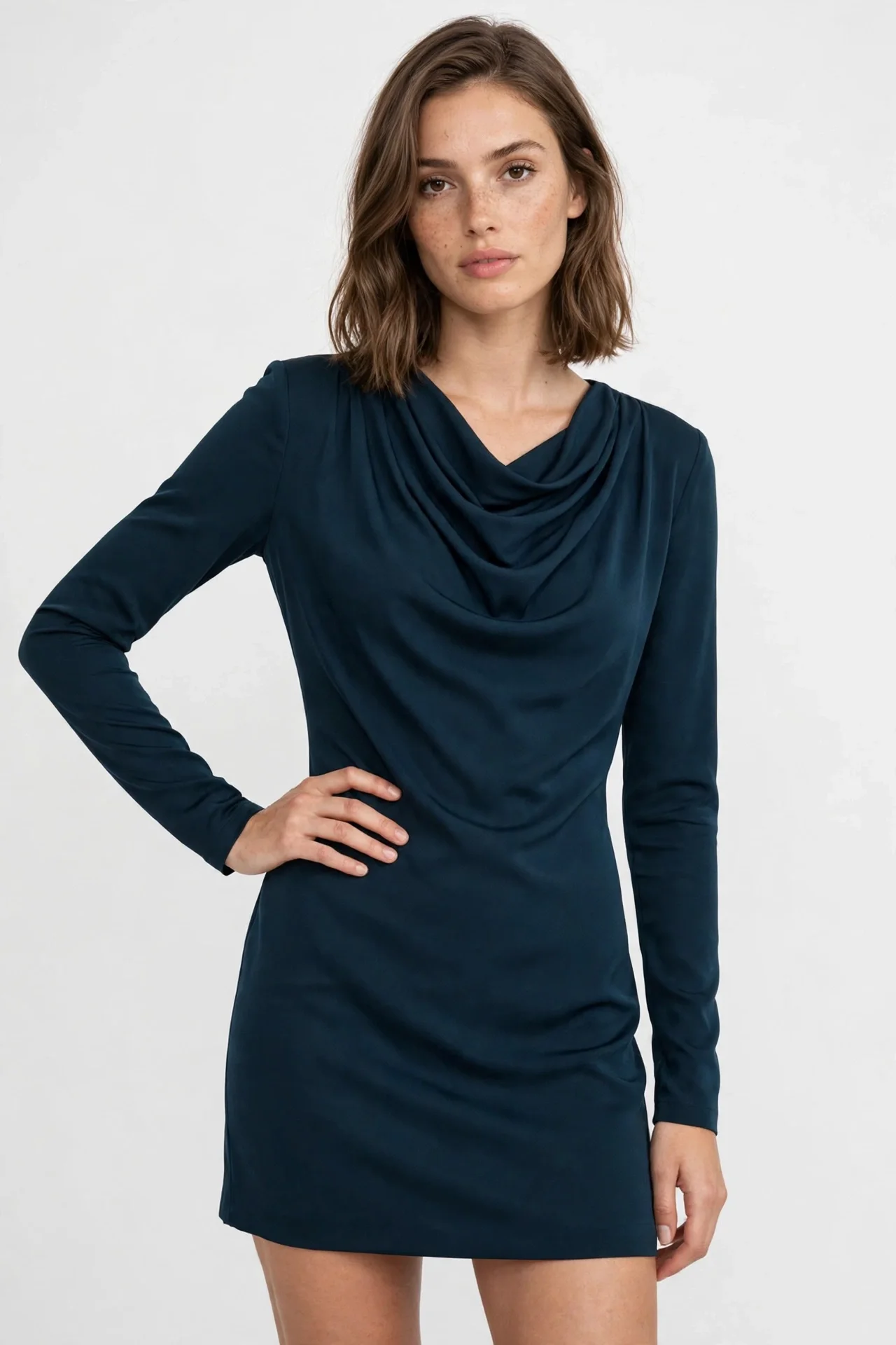 Dark navy teal long-sleeve mini dress with draped cowl neckline, hand on hip
