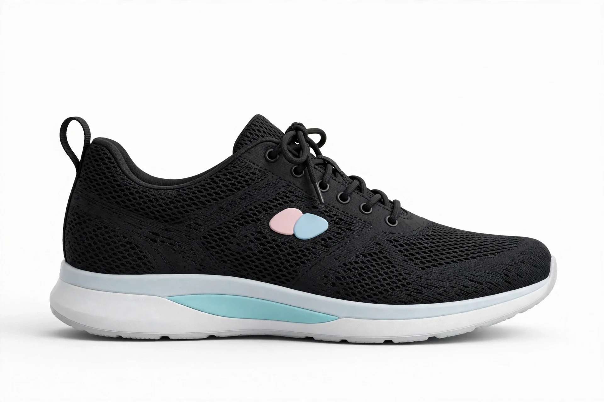 Black mesh lace-up walking shoe with a white midsole, light-blue arch accent and pastel side accent