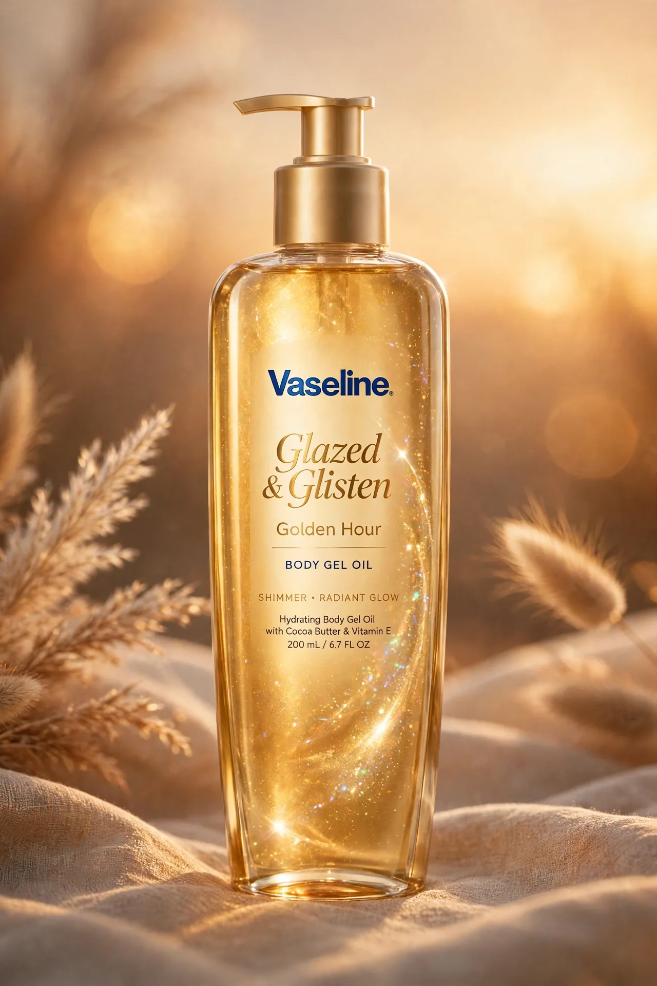Bottle of Vaseline Glazed and Glisten Golden Hour body gel oil