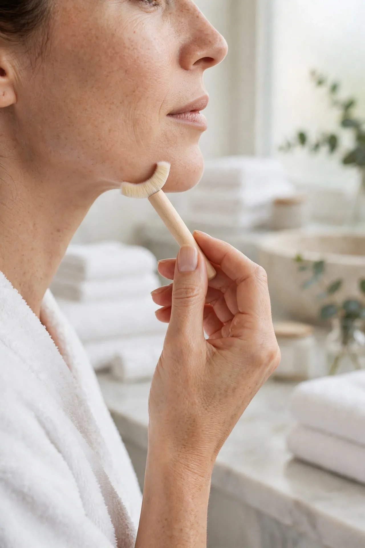 Contoured lymphatic drainage face brush with soft bristles and wooden handle