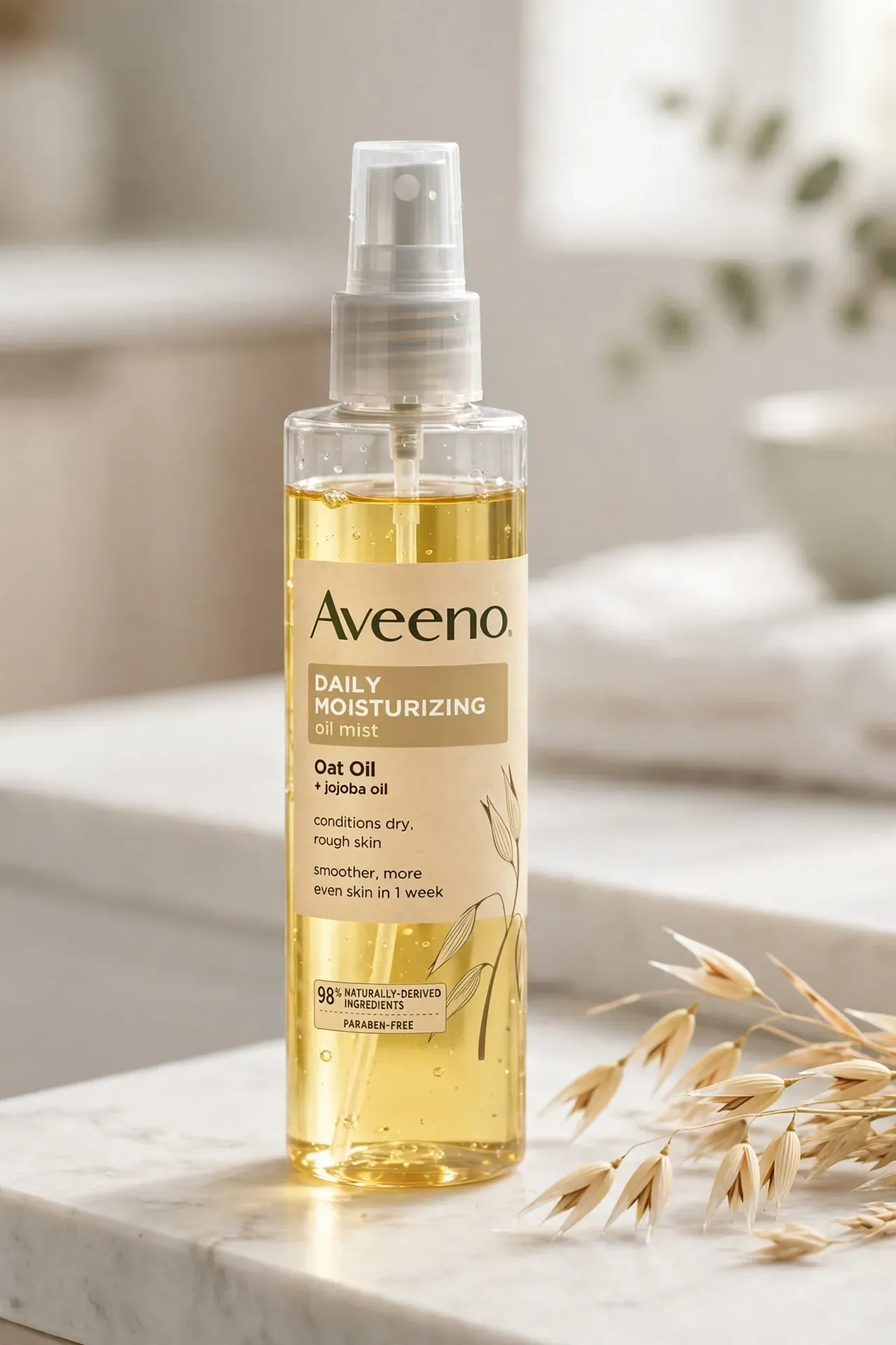 Spray bottle of Aveeno Daily Moisturizing Oil Mist