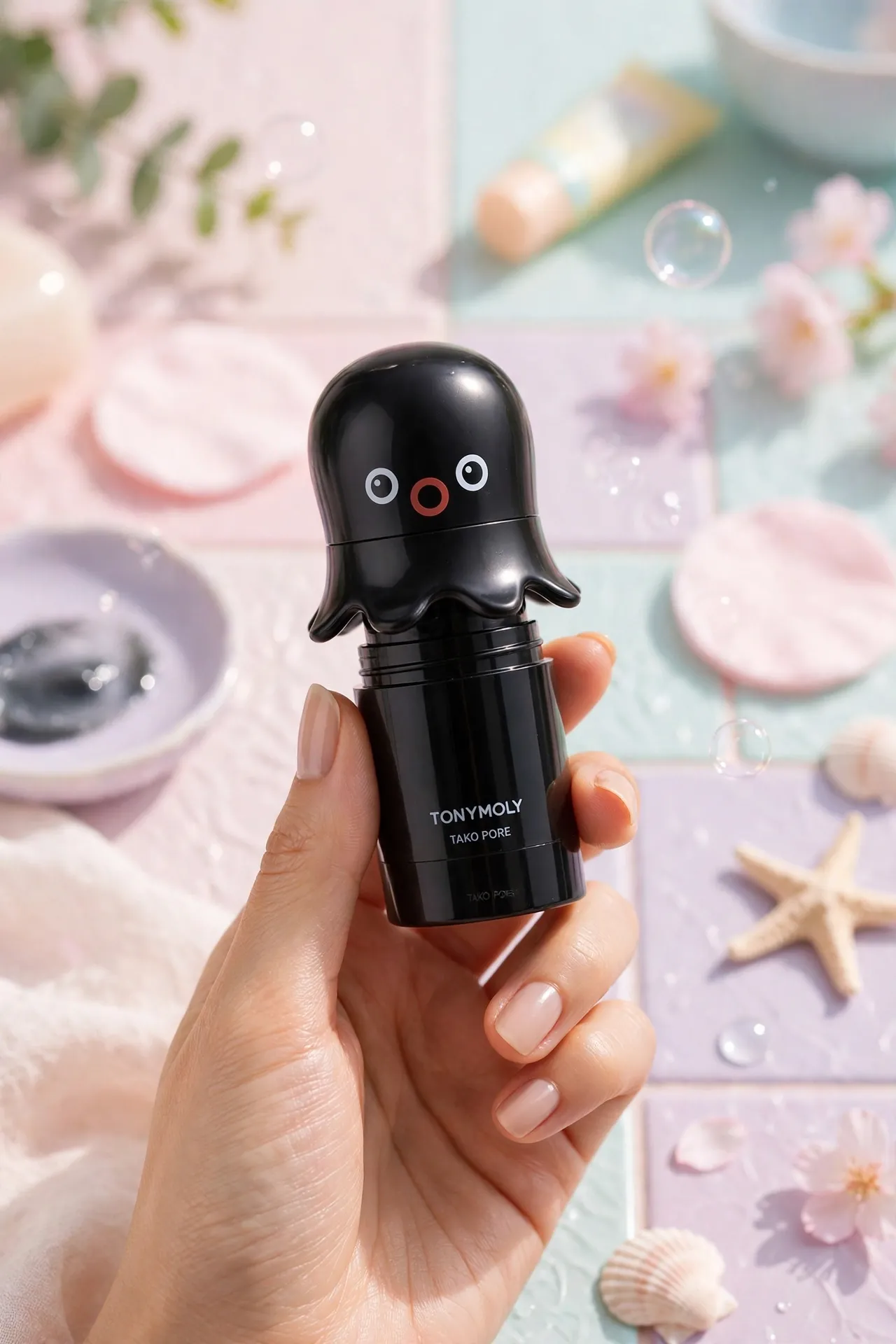 Small black octopus-shaped TONYMOLY Tako pore scrub stick in a hand