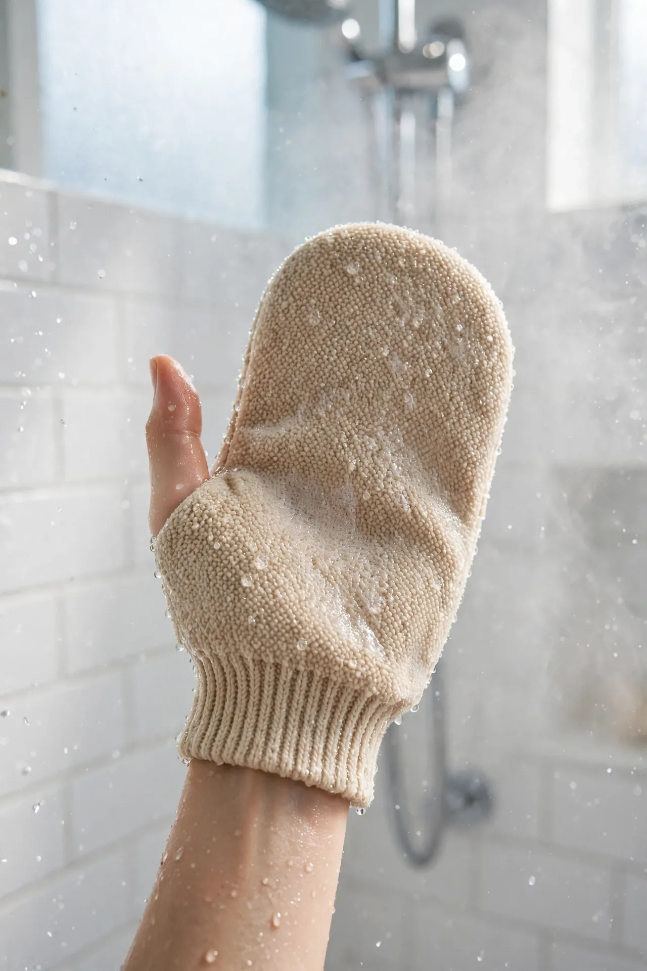 Hand wearing a Seraphic Skincare premium exfoliating mitt