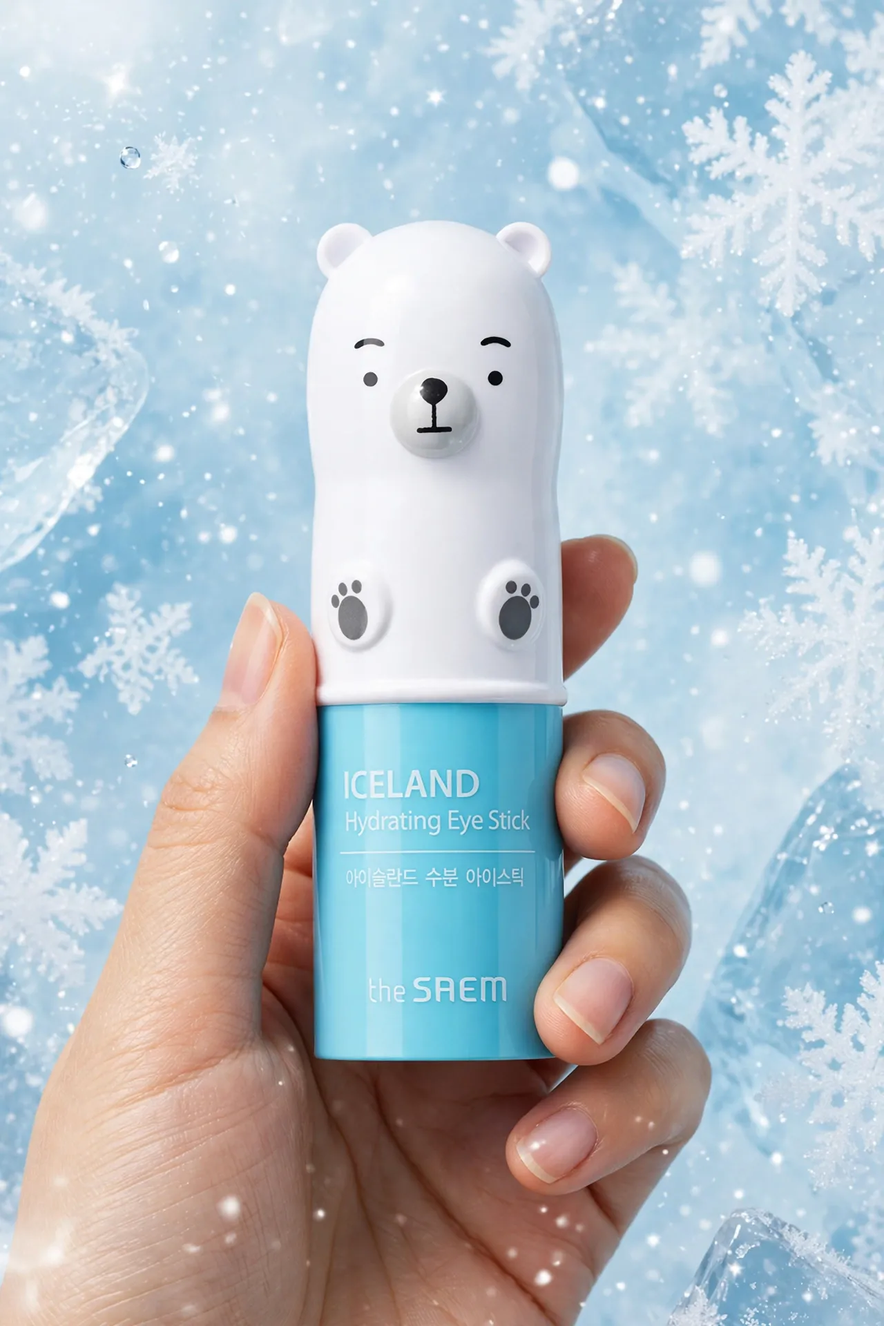 Hand holding the cute polar bear shaped THESAEM Iceland hydrating eye stick