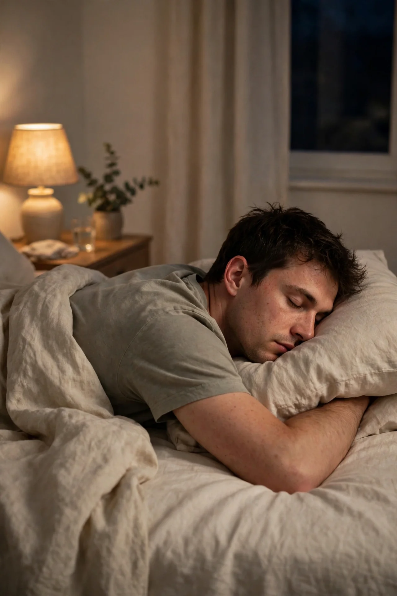 Person sleeping on their stomach with head turned