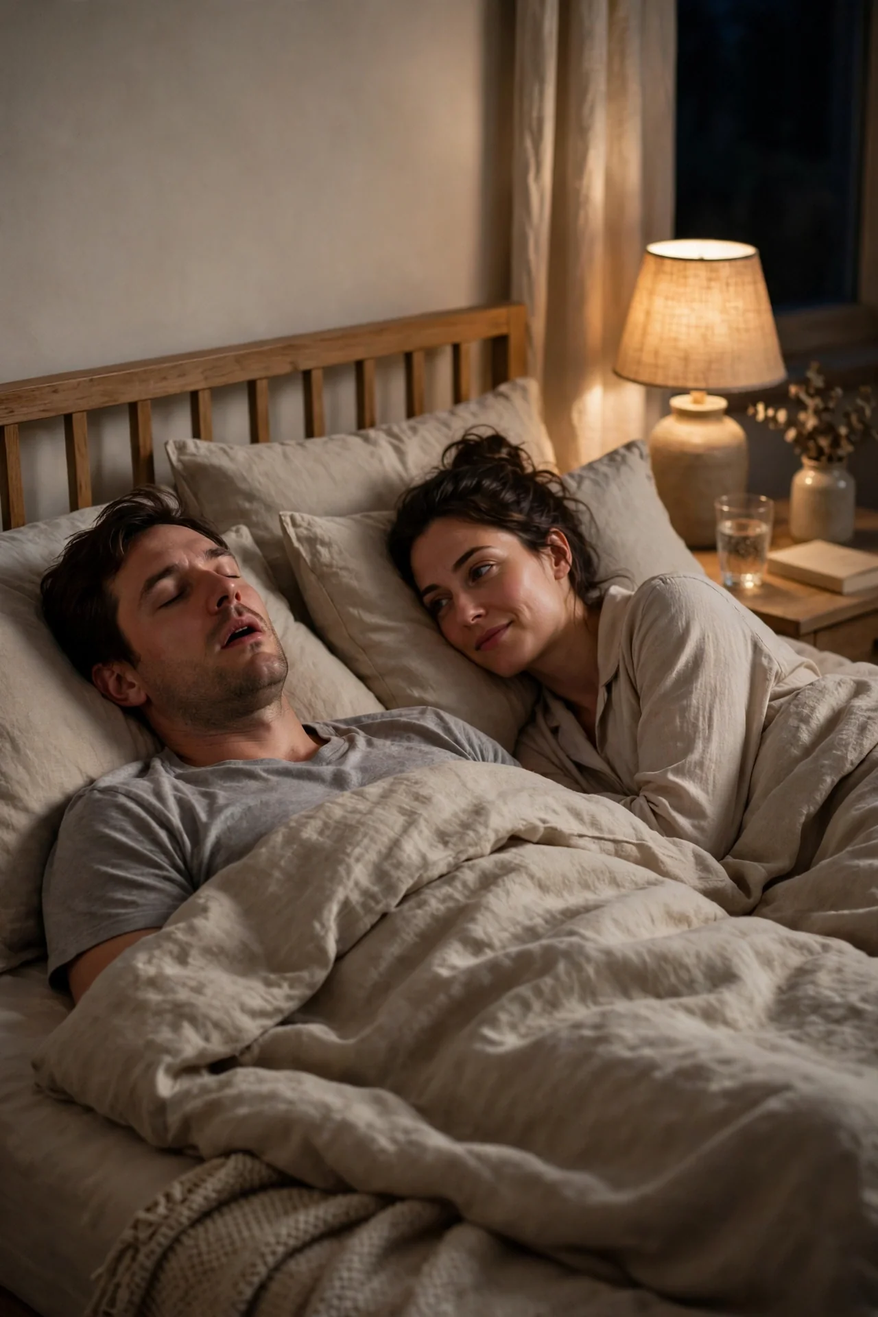 Person snoring in bed while partner lies awake
