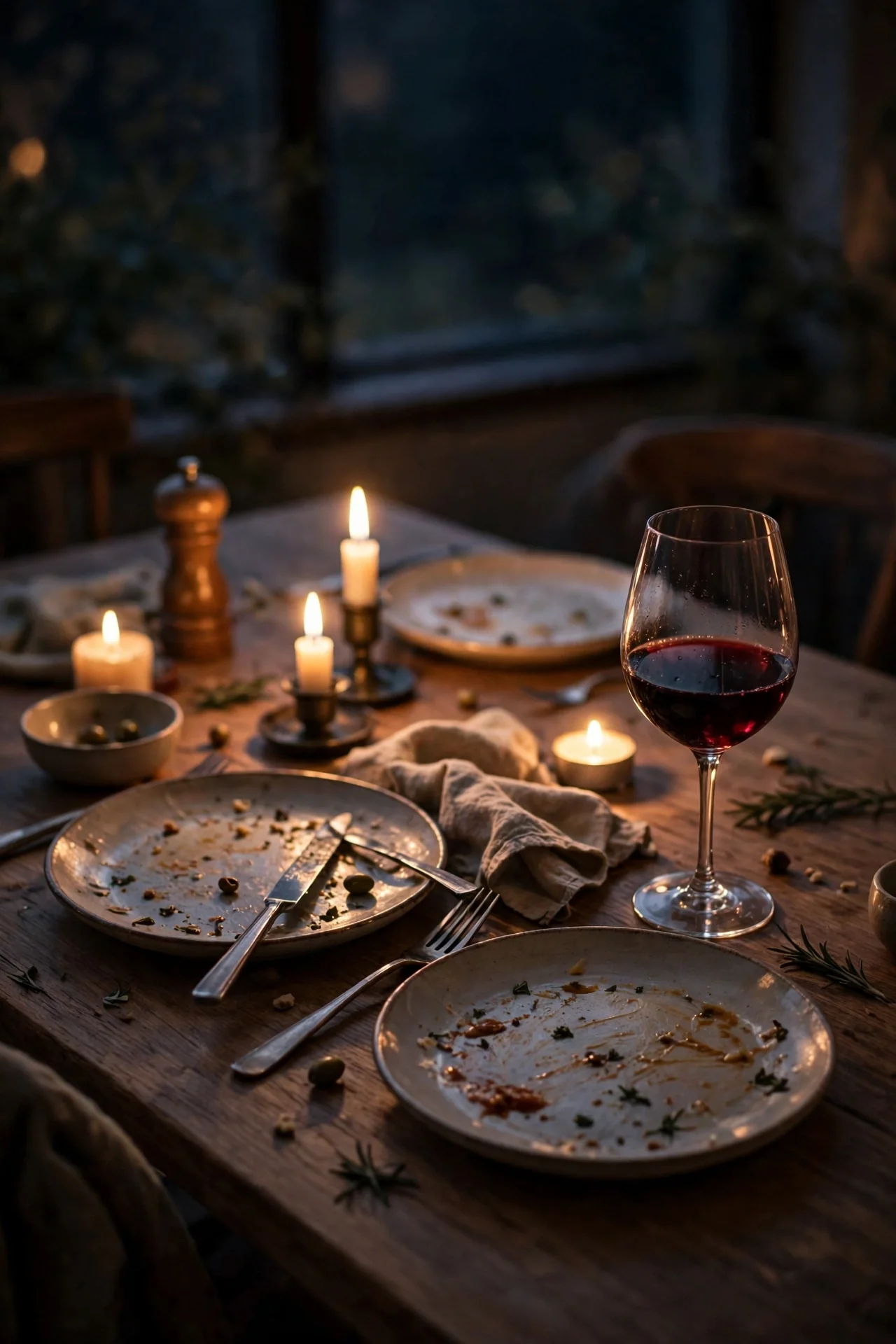 Late evening meal and a glass of wine on a table