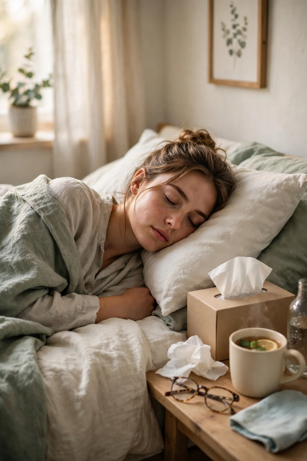 Person with a cold resting in bed with tissues nearby