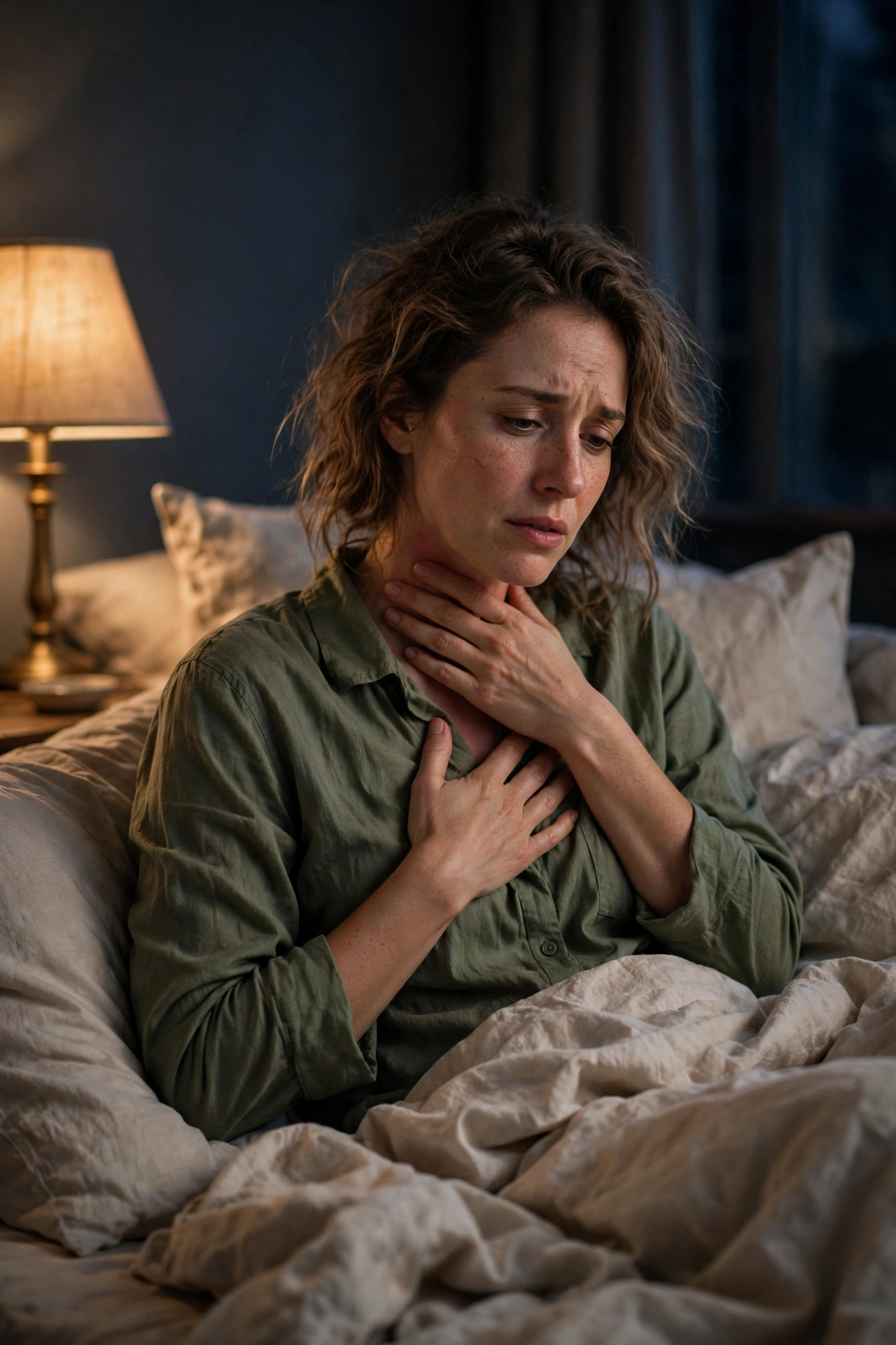 Person sitting up in bed at night with heartburn discomfort