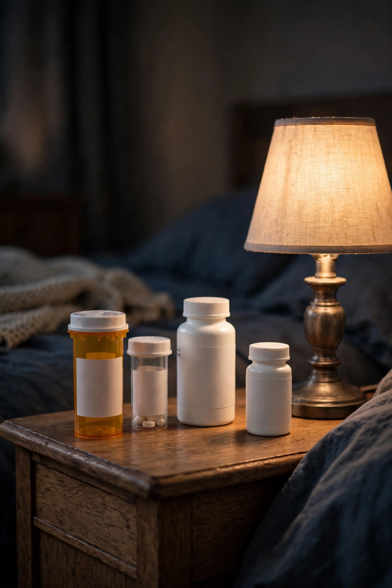 Prescription pill bottles on a bedside table