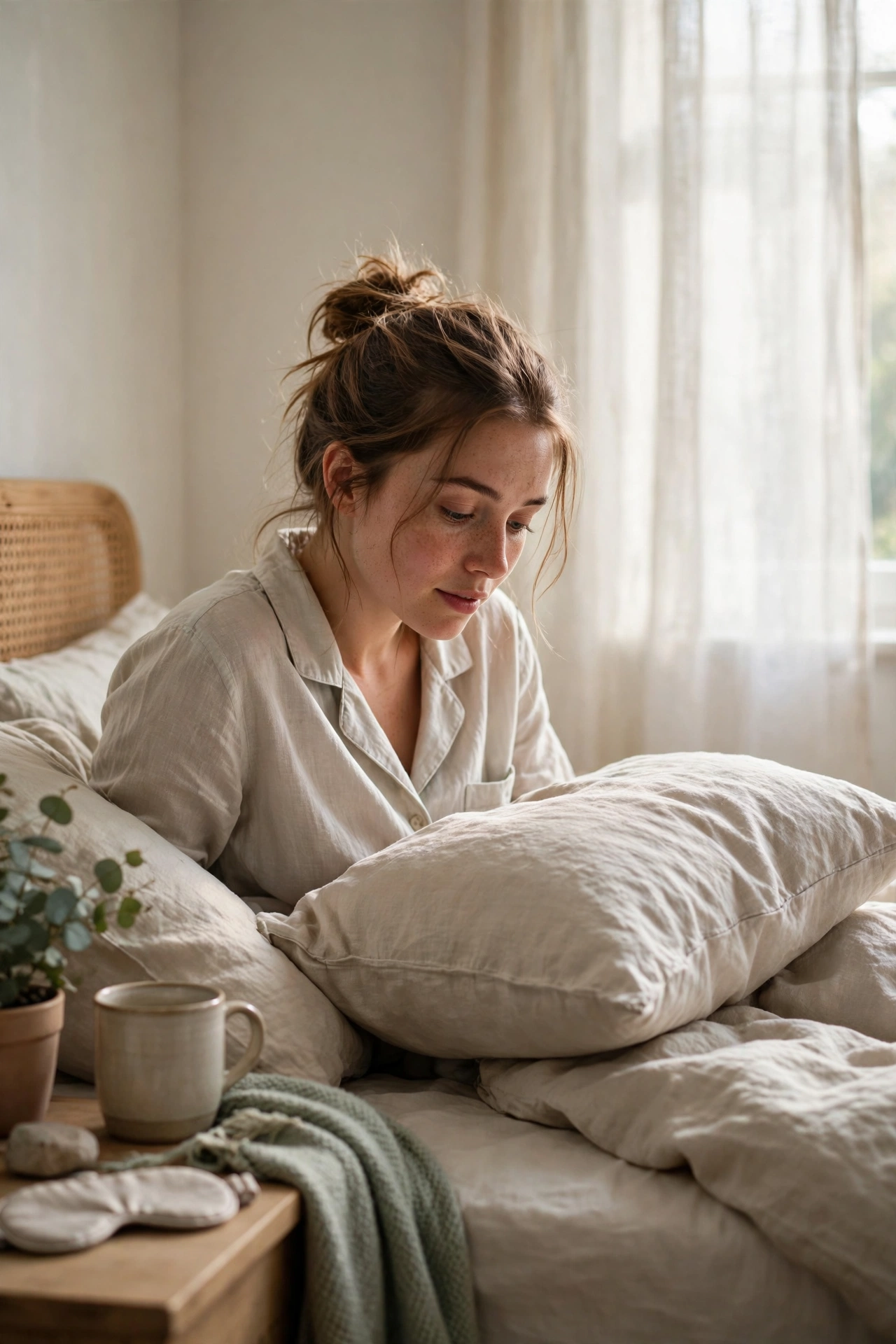 Person waking up and noticing a damp pillow